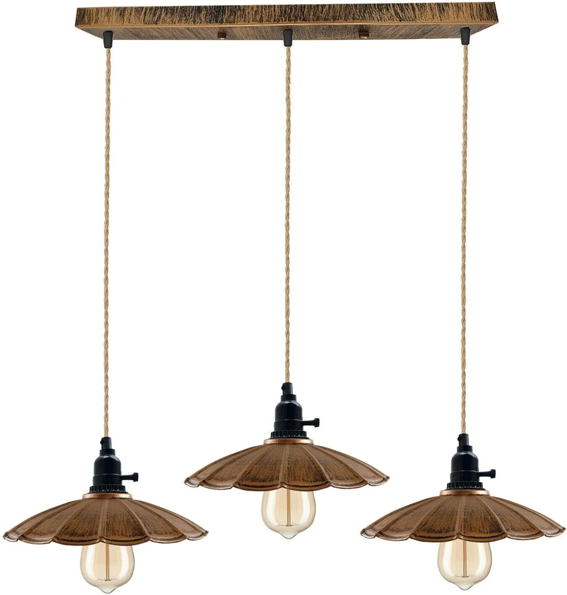 Indoor pendant lighting: 3‑way brushed copper ceiling lamp with twisted hemp wire cable, hanging from a 50 cm metal plate.