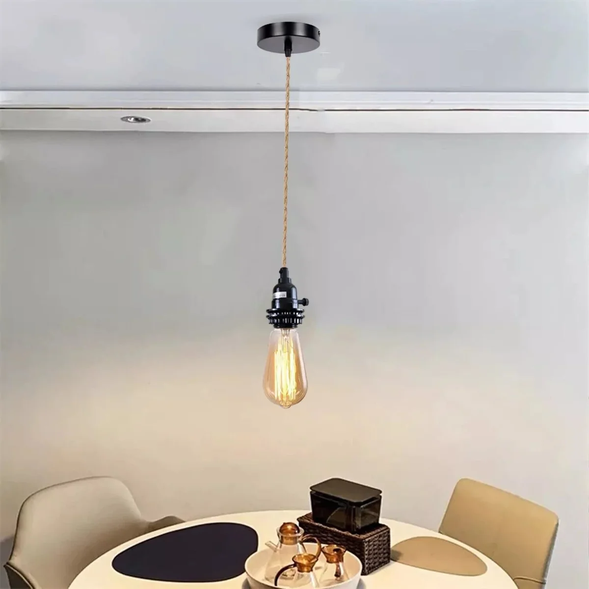 Vintage pendant light with stone effect ceiling rose, hemp fabric cord, and E27 lamp holder in rustic finish