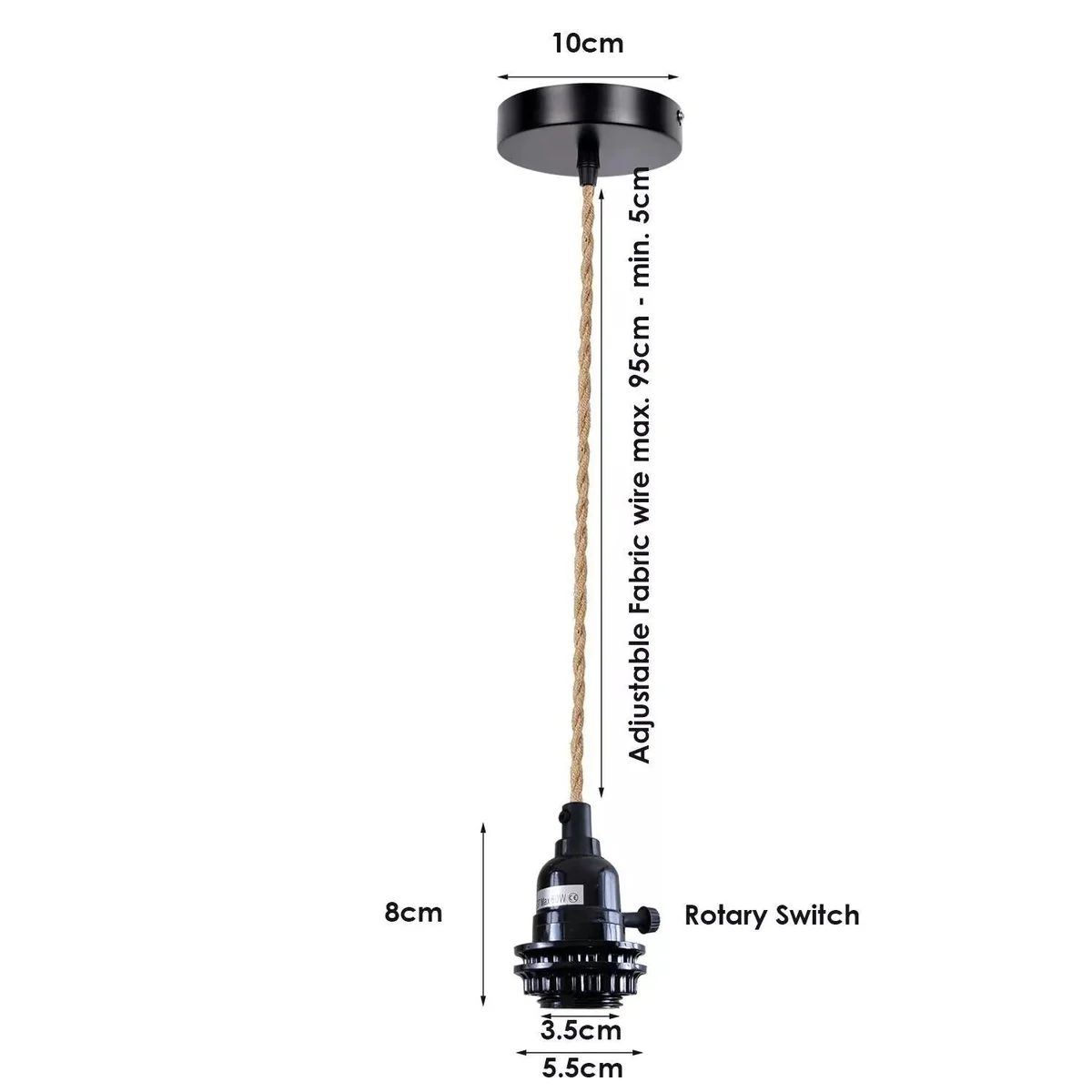 E27 pendant fitting kit with vintage stone effect ceiling rose and hemp fabric cord with on/off holder