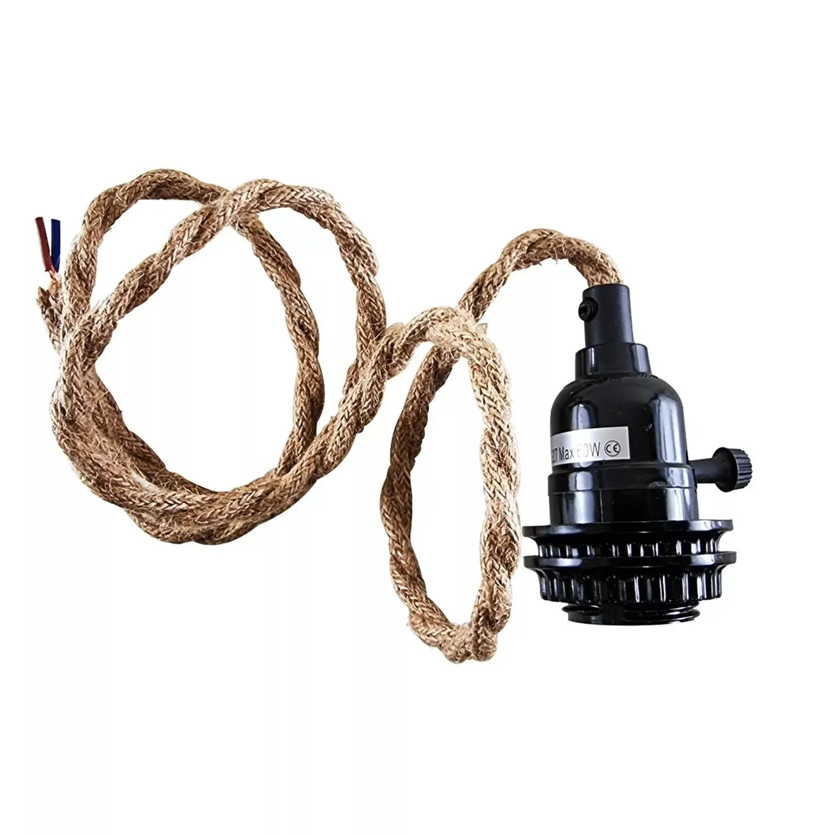 Vintage style E27 pendant fitting with stone effect ceiling rose and hemp fabric pendant cable in rustic finish
