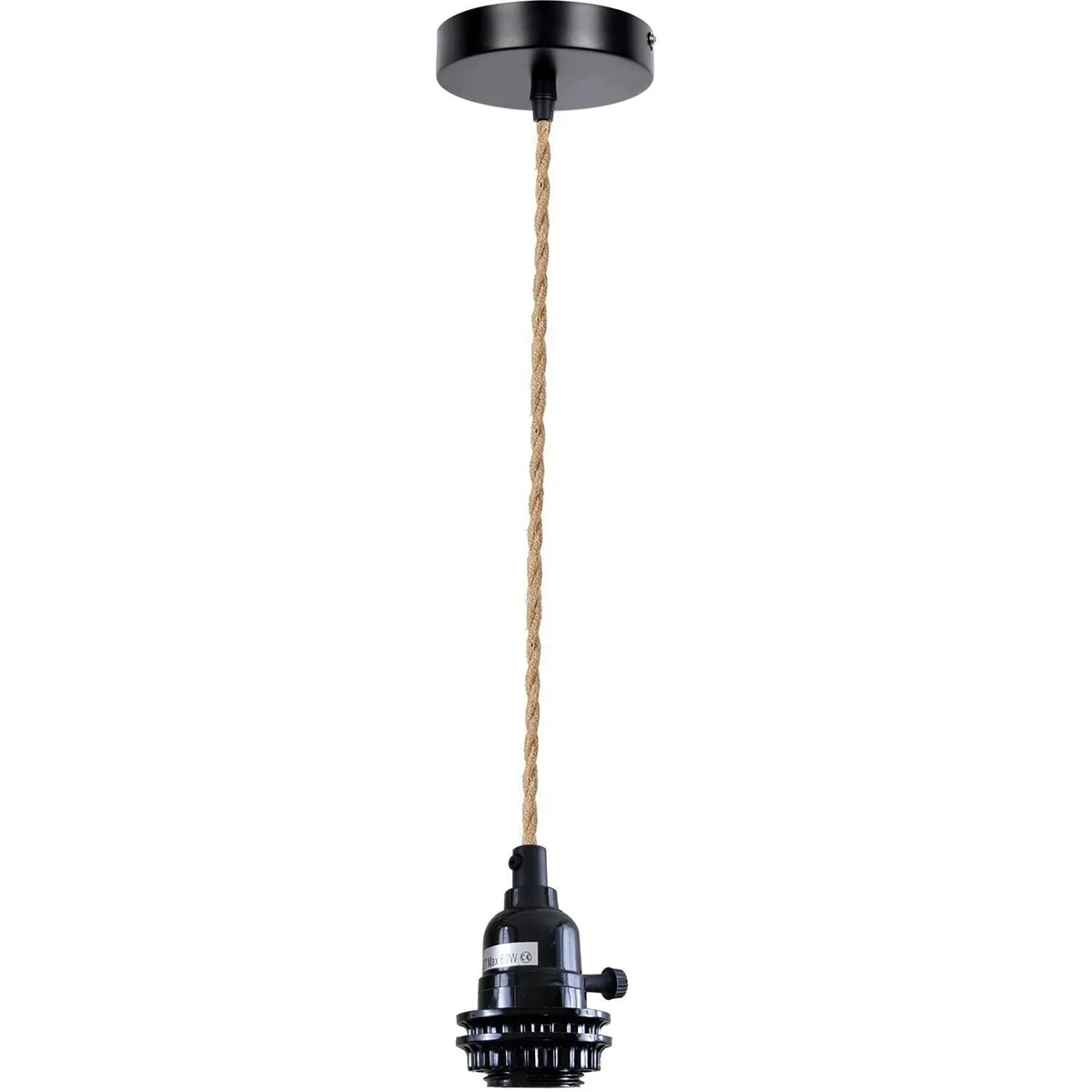 Vintage style lamp holder with stone effect ceiling rose and hemp fabric cord, showing on/off holder and pendant fitting kit details