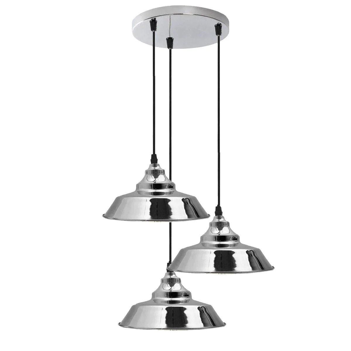 Retro chrome metal pendant light with three hanging shades and 95cm cables, vintage industrial style ceiling lamp
