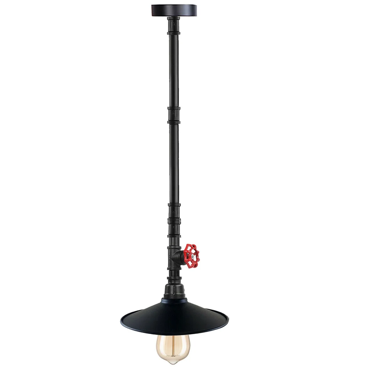 Black industrial pendant light with galvanized iron finish and gold interior shade, hanging from ceiling, 22cm diameter