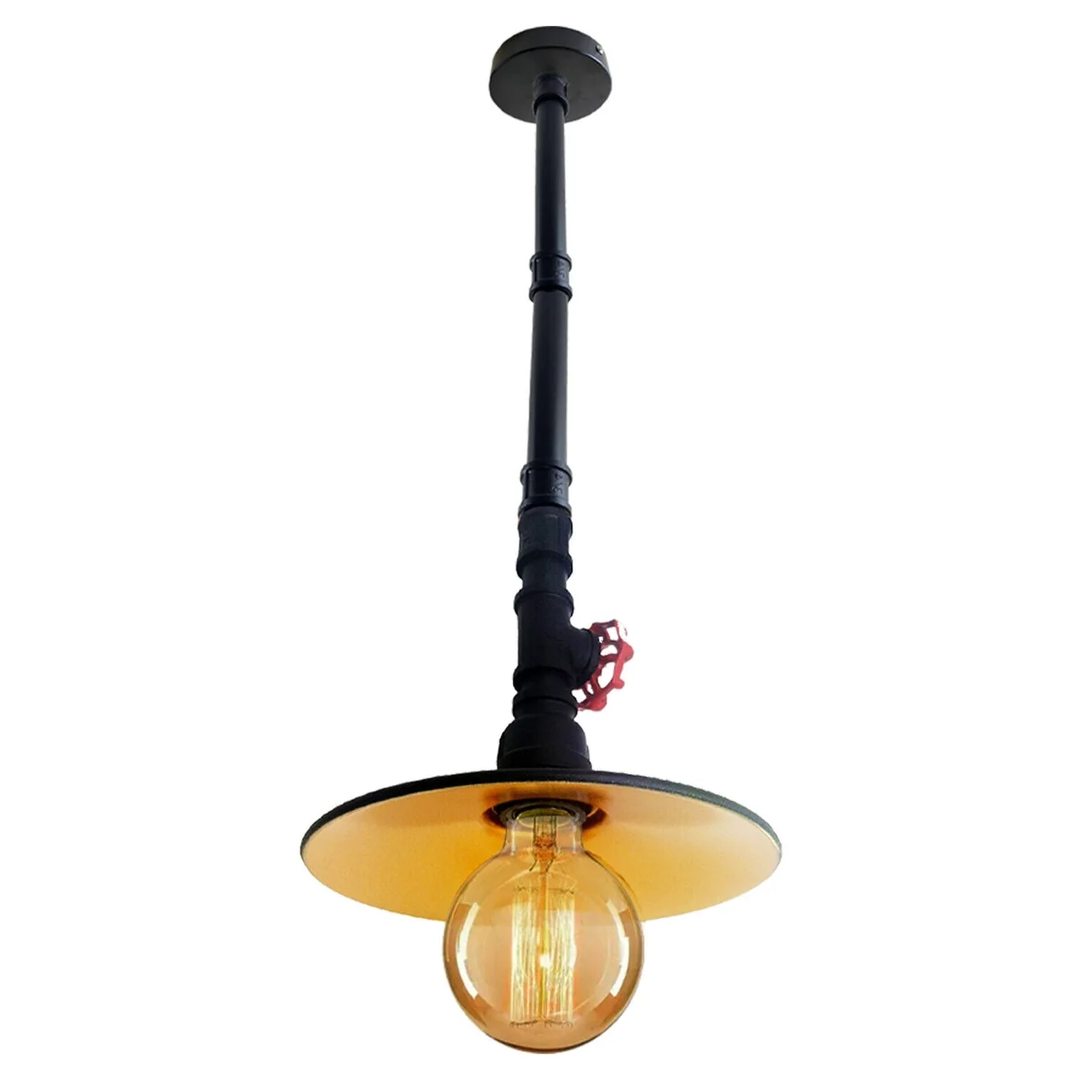 Black industrial pendant light with galvanized finish and gold interior shade hanging from ceiling, 90cm length, 22cm diameter