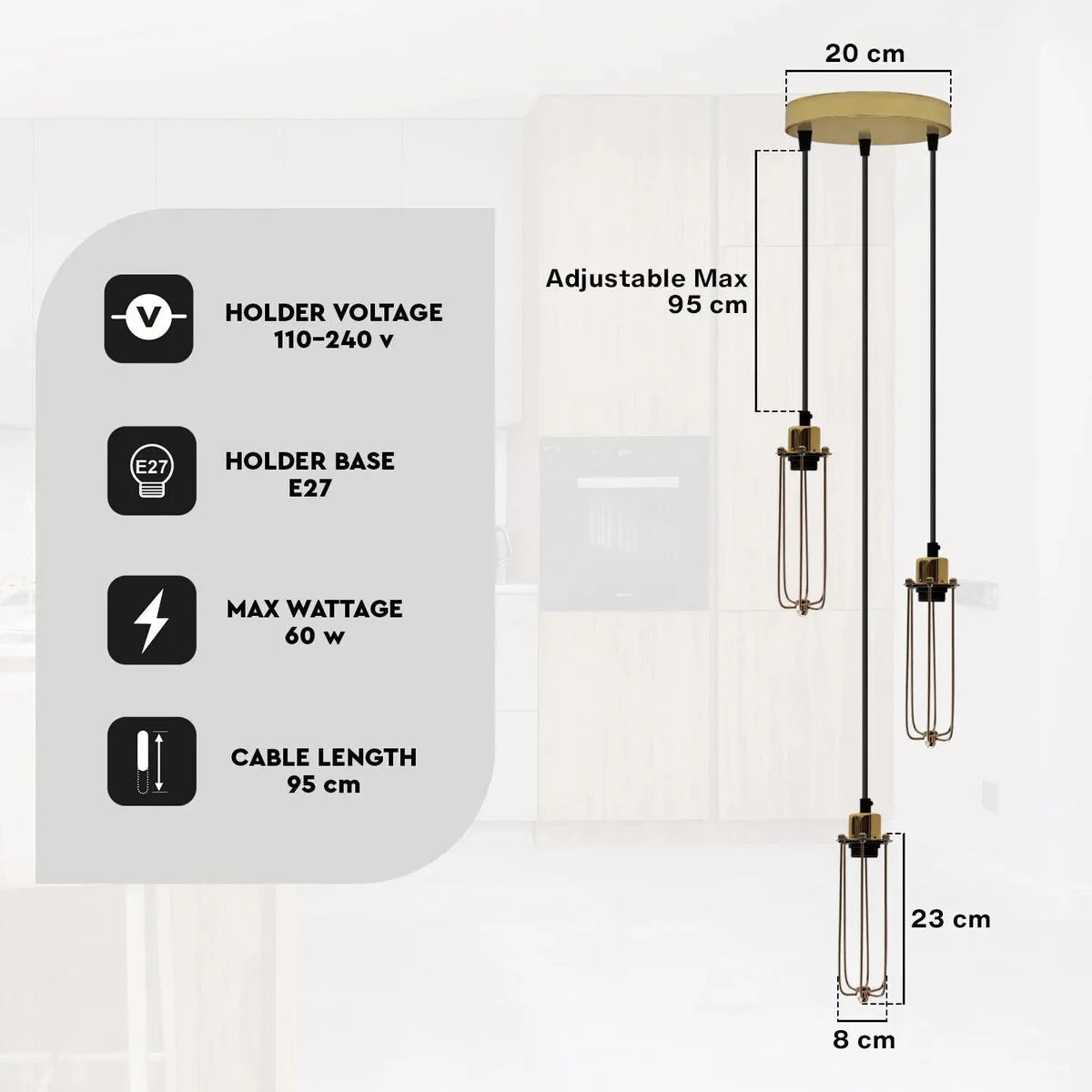 Vintage 3-way pendant industrial cluster ceiling light with black metal cage shades and adjustable hanging cords