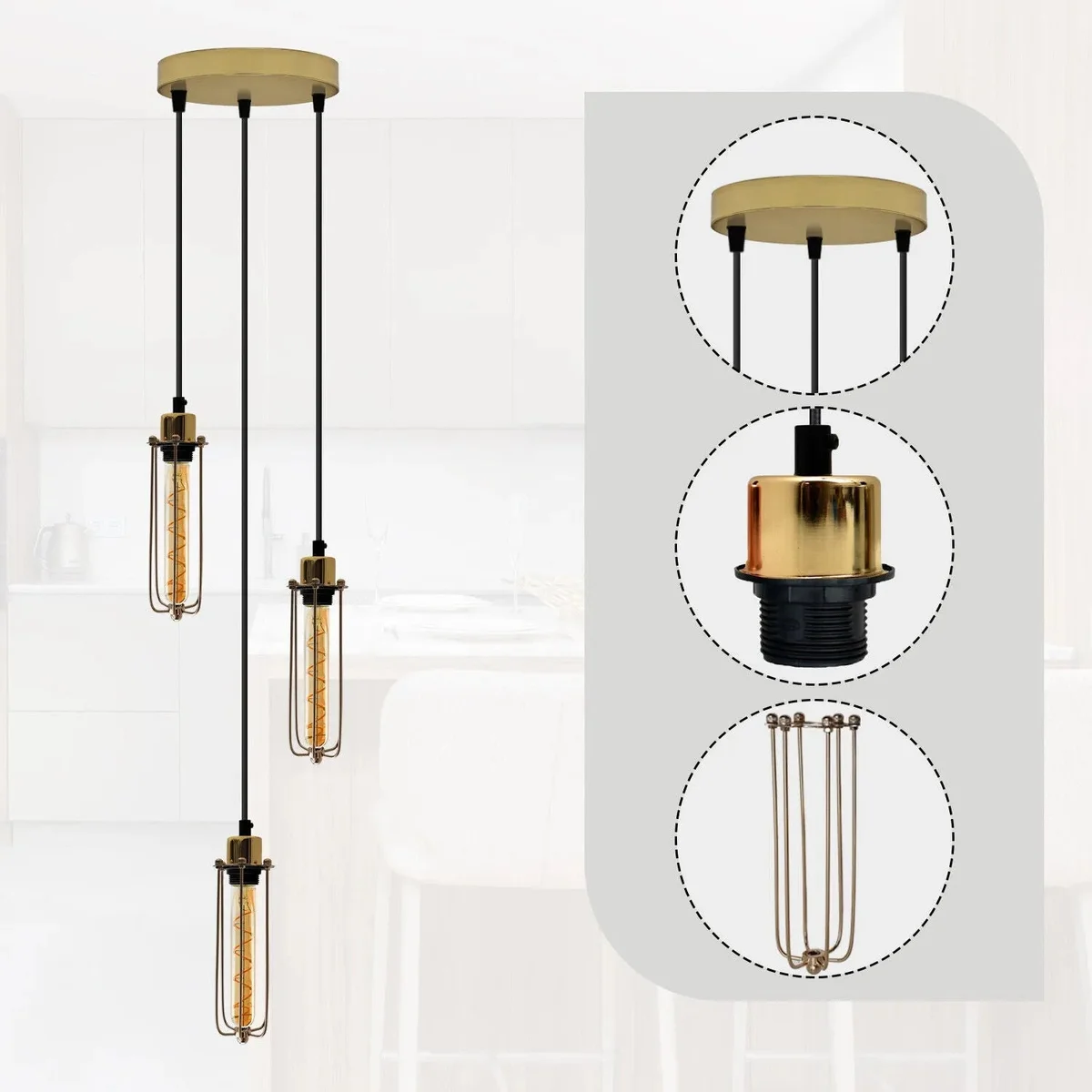 Vintage adjustable hanging cage lamp with three black metal cages and 95cm adjustable cords, industrial style ceiling light