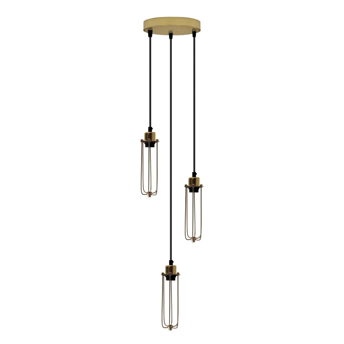 Vintage metal pendant light fixture with three adjustable black cords and cage lampshades, ideal for indoor use