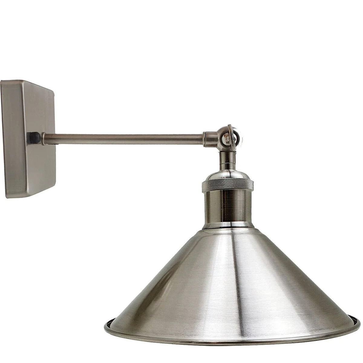 Metal wall sconce with adjustable arm and satin nickel finish, featuring a small square shade and an E27 base.