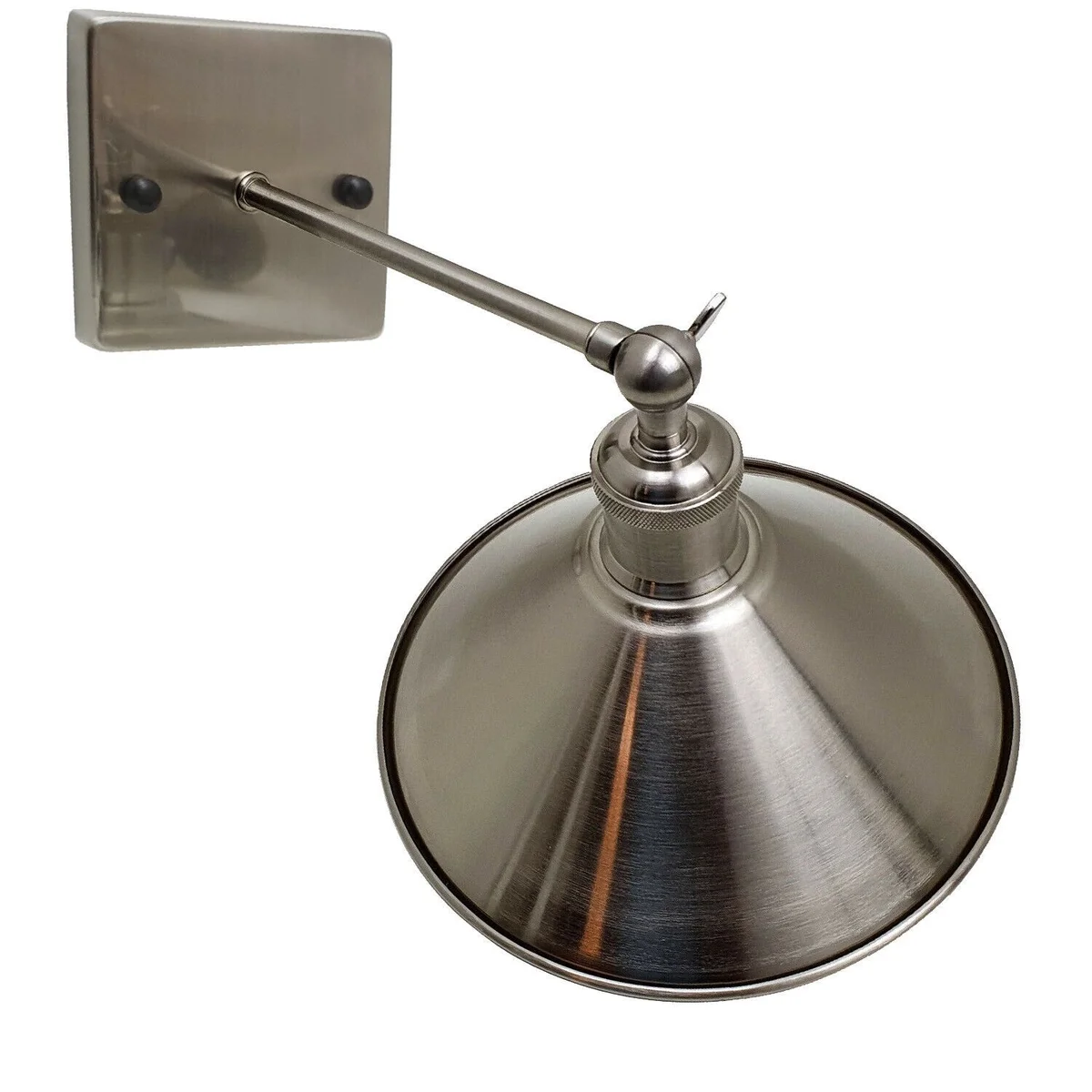 Satin nickel wall light with adjustable metal arm, 10cm square shade, E27 socket, vintage industrial style.