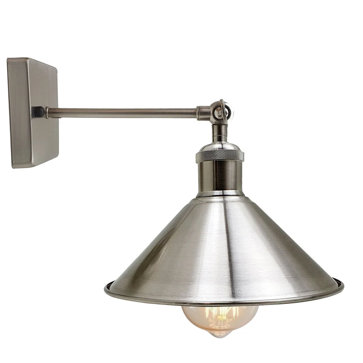 Adjustable satin nickel metal E27 wall lamp with 10cm square shade and modern adjustable arm.