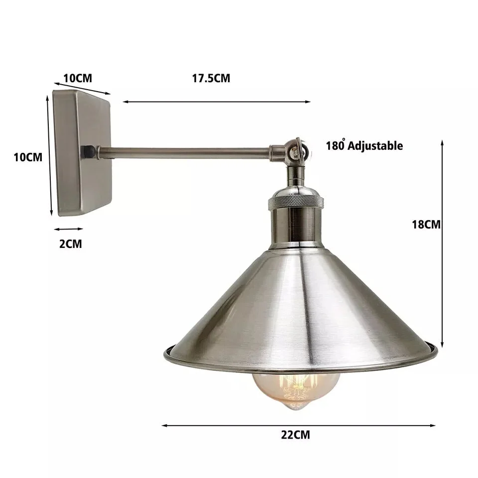Vintage industrial wall light with adjustable satin nickel metal arm and small square shade, styled for modern homes.