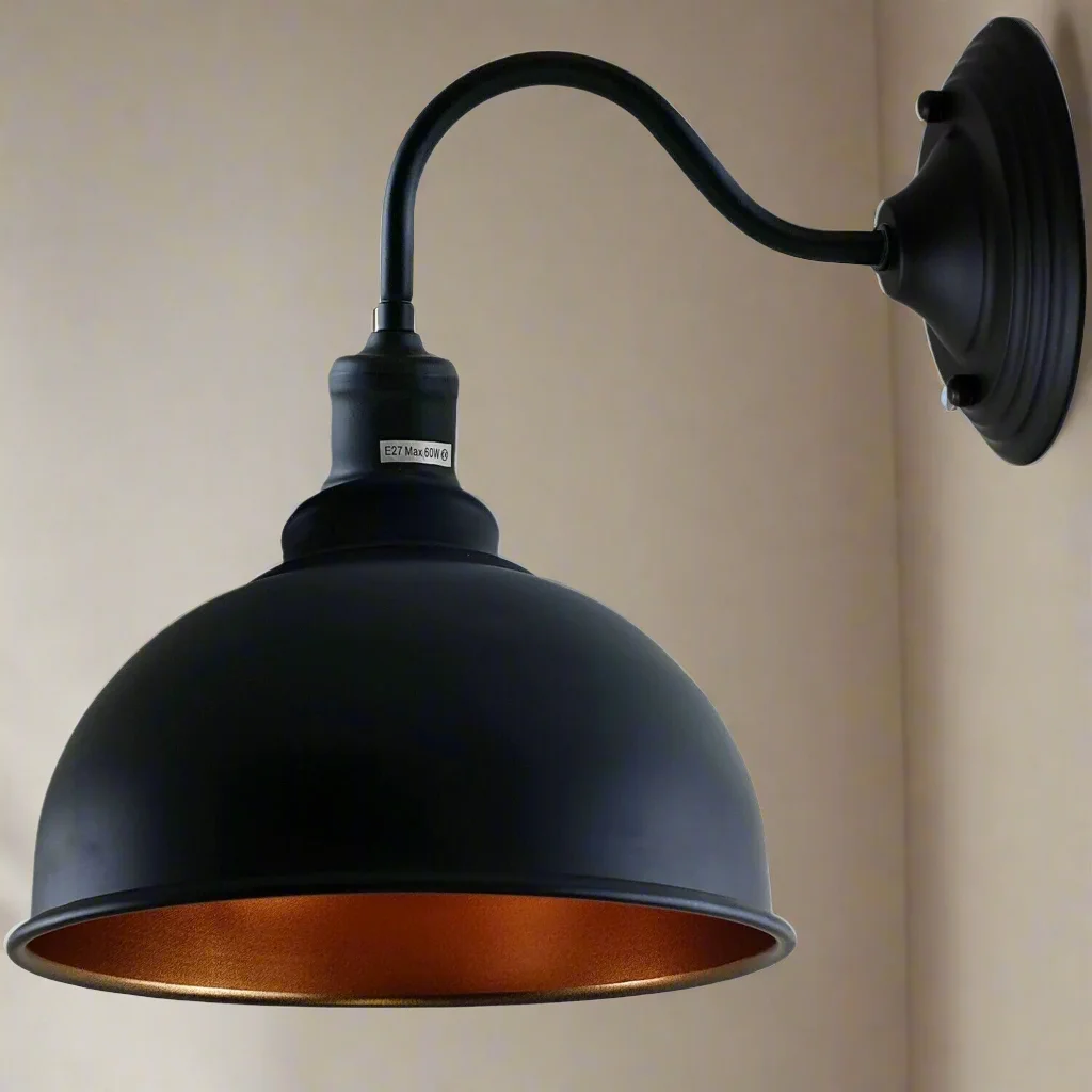 Modern indoor wall light with swan neck arm, black metal finish, E27 lamp base, and 17cm arm length
