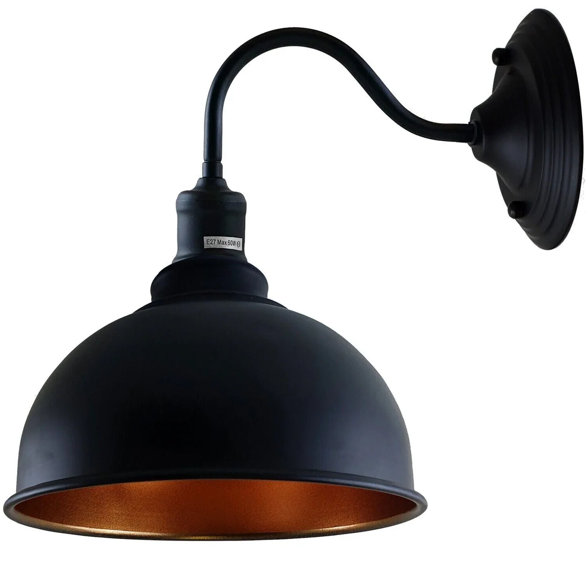 Black metal indoor lamp with swan neck arm and E27 lamp base mounted on a wall plate