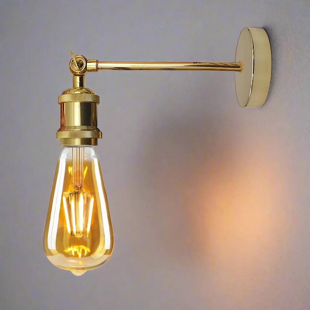 Vintage industrial wall light with adjustable arm and copper finish mounted on a white wall for indoor use