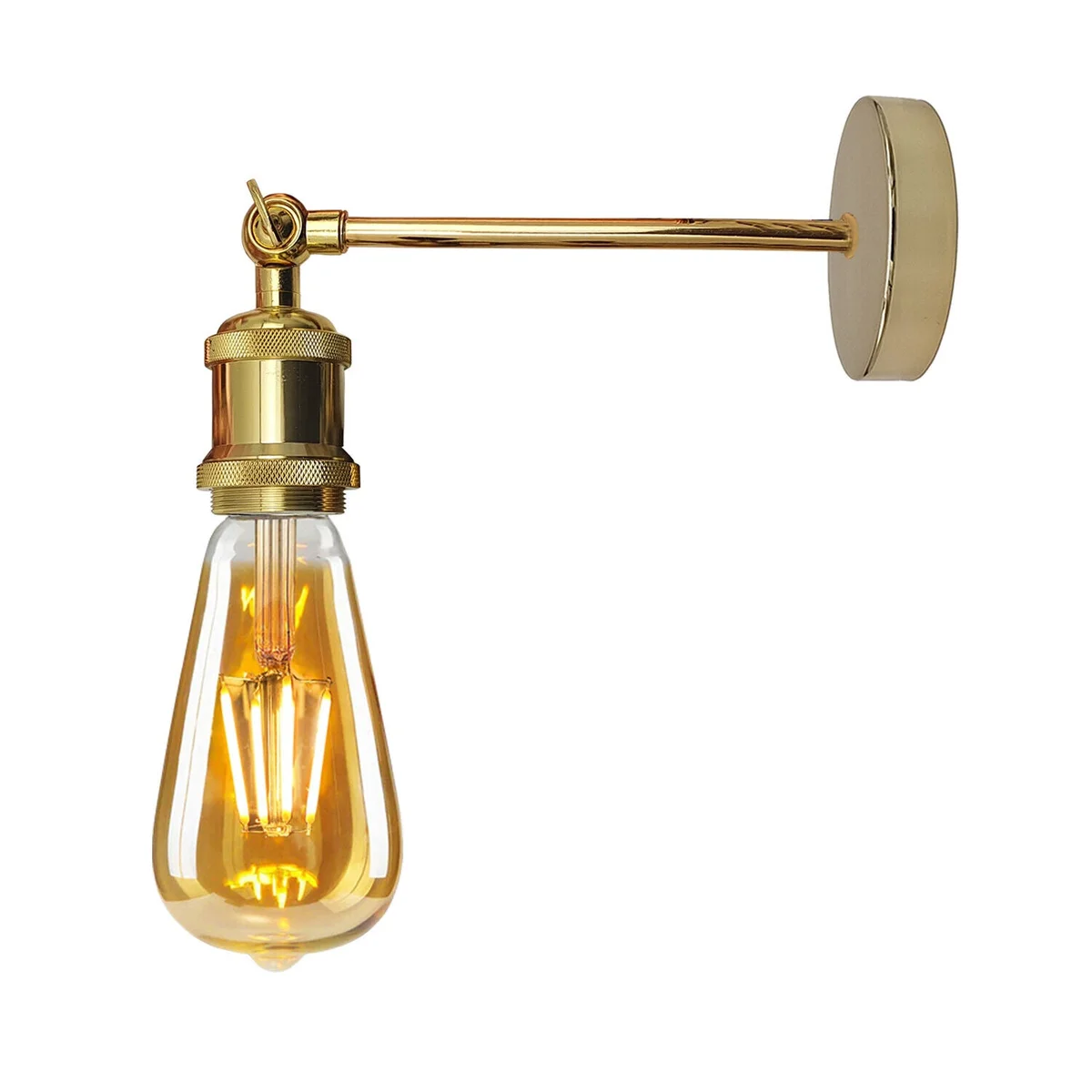 Adjustable vintage metal wall sconce with antique brass finish and swivel arm mounted on a white wall
