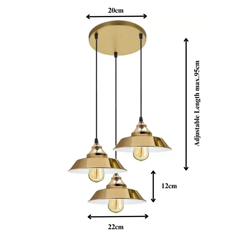 3-way yellow brass vintage industrial ceiling light with adjustable cables and retro metal shades hanging indoors