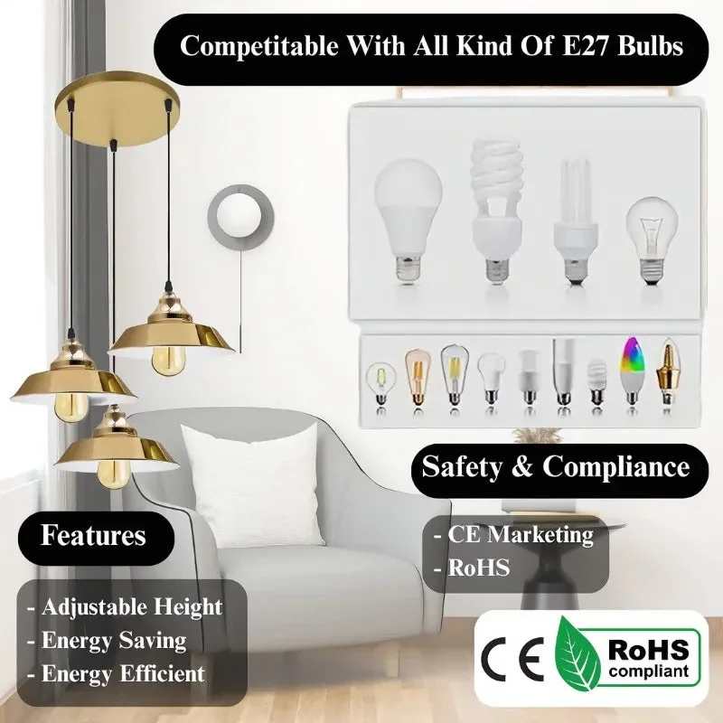 Three yellow brass retro metal shades hanging at varied heights with E27 bulb pendant light fitting and cables