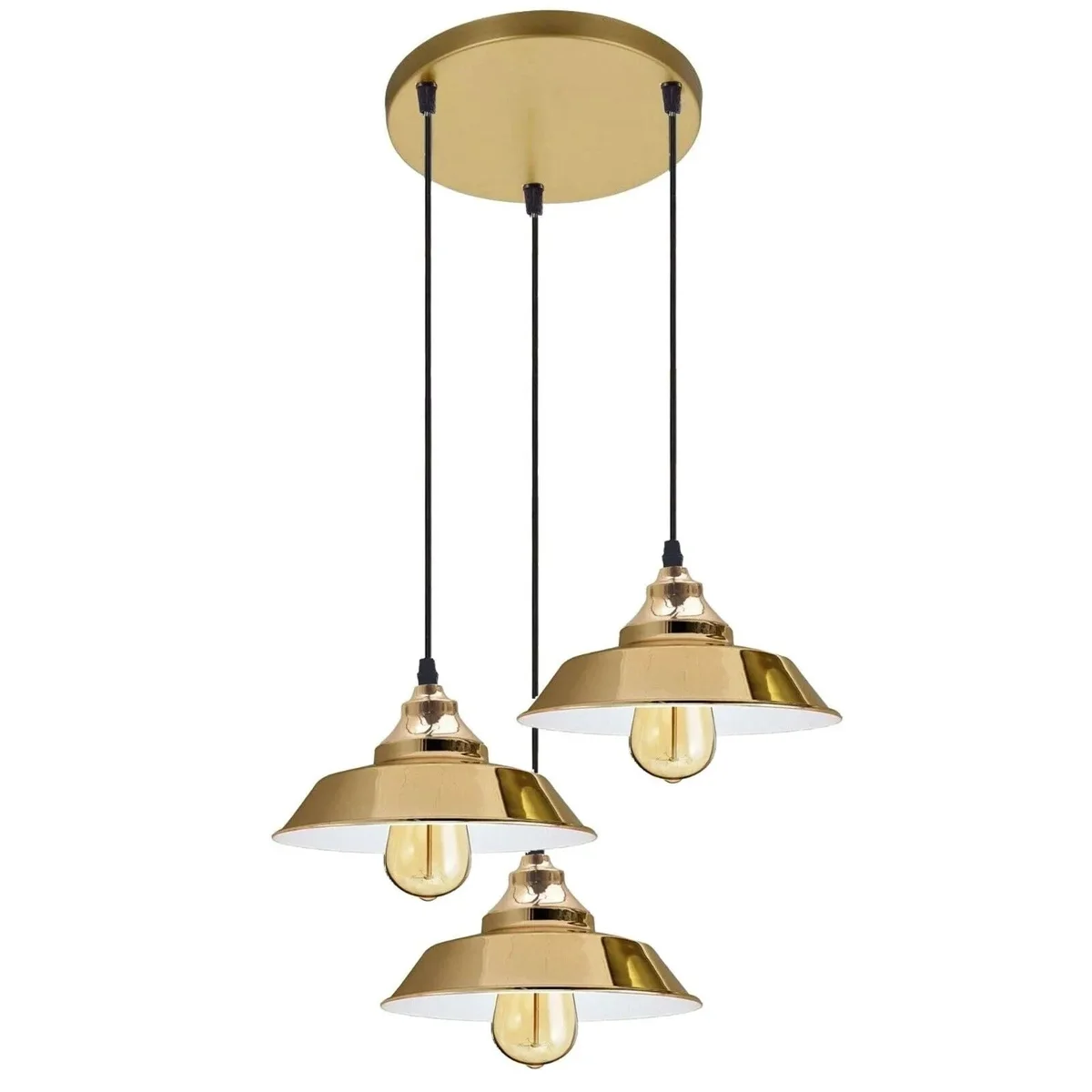 3-way yellow brass vintage industrial cluster pendant with adjustable cables, retro metal shades, dimmable ceiling light