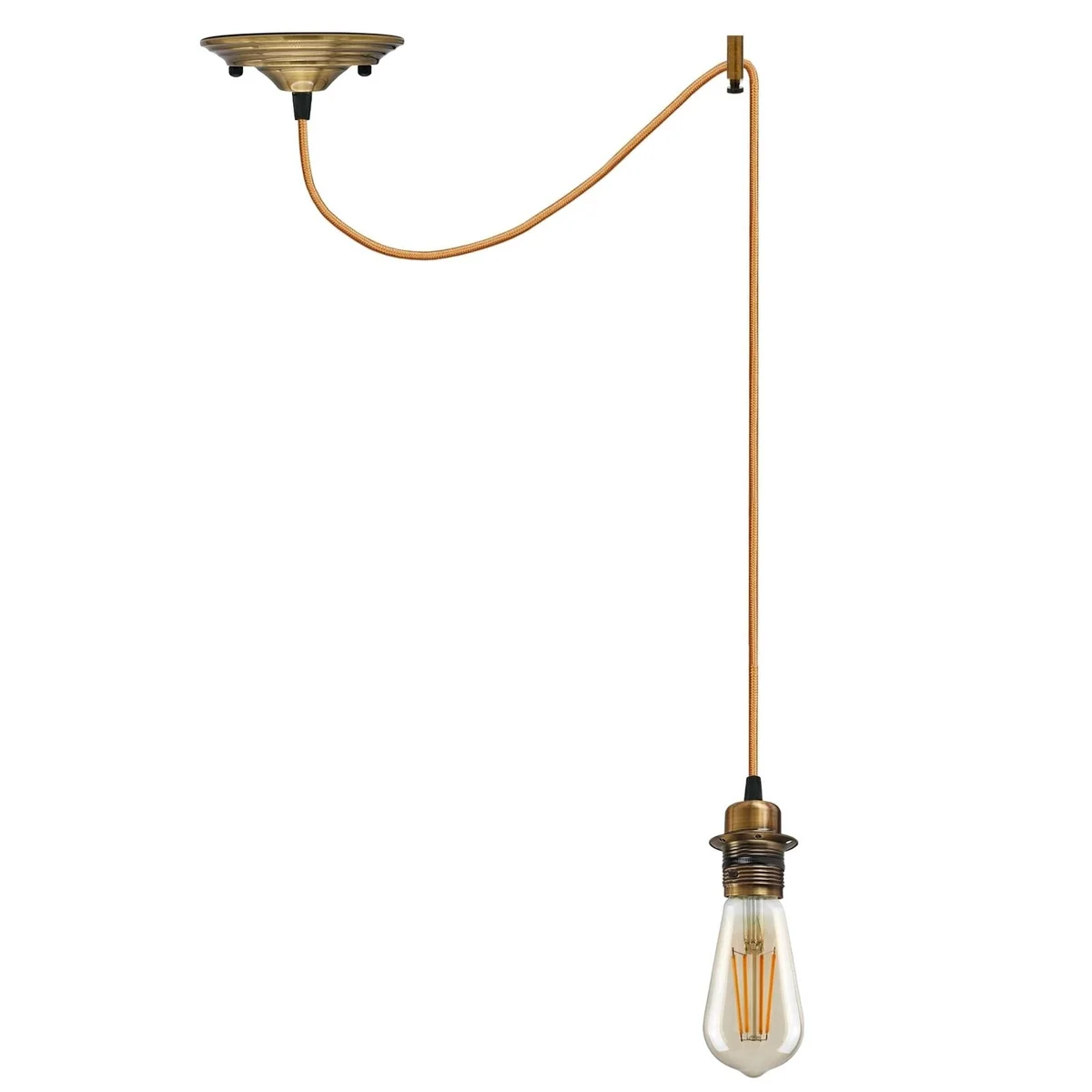 Industrial hemp rope lamp with vintage spider design hanging from ceiling, showing fabric-wrapped cable and metal fixture