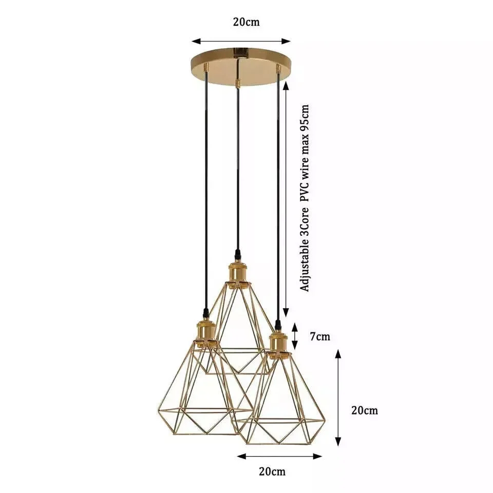 Three light pendant with French Gold metal cage design and adjustable drop cables, showcasing industrial vintage style lighting