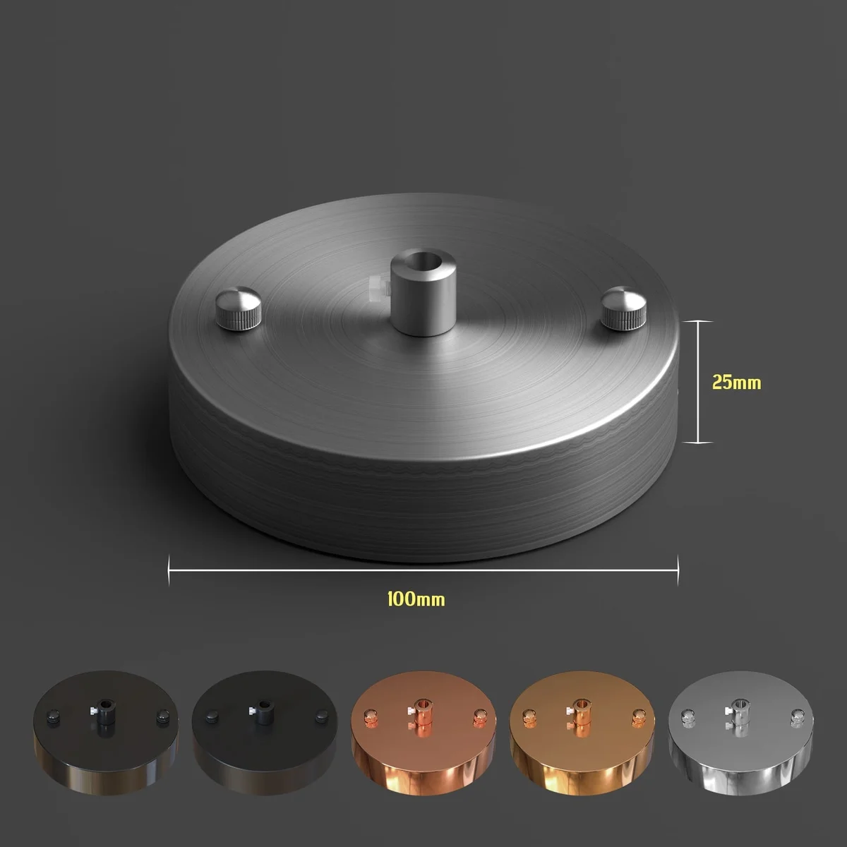 Round 100mm metal ceiling rose pendant light fitting in rose gold with cord grip and mounting hardware on white background