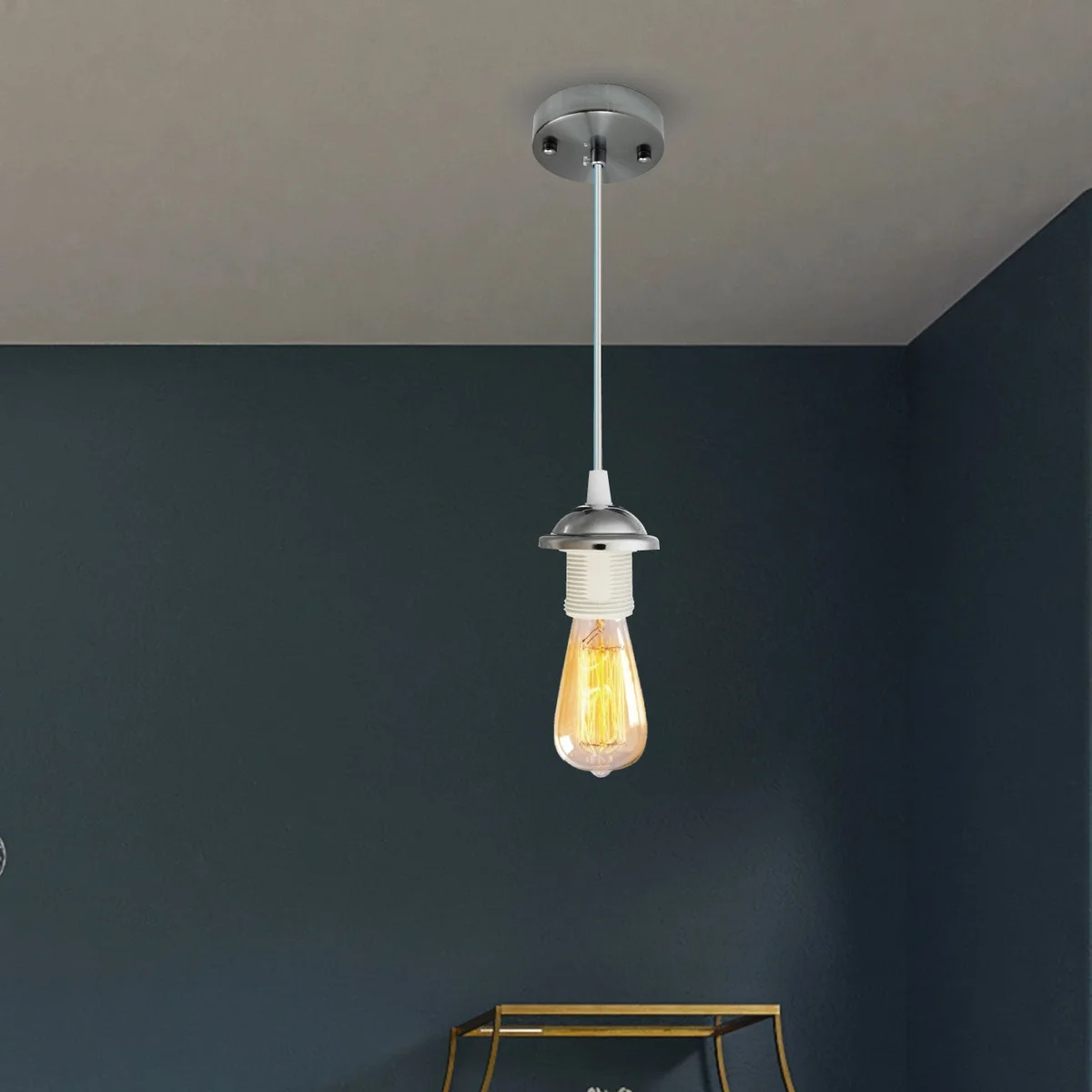 Round rose gold ceiling rose pendant light fitting with metal construction and mounting hardware on white background