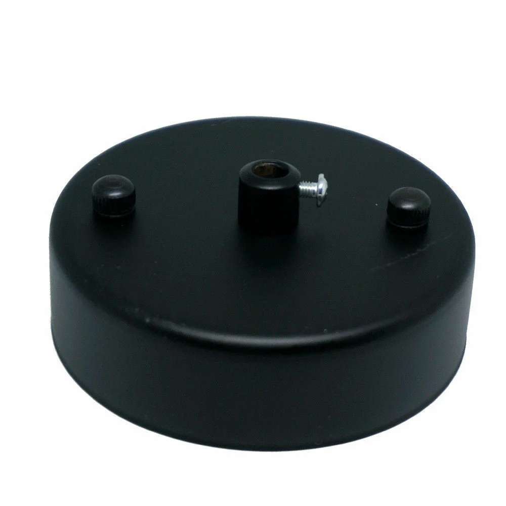 Round 100mm rose gold ceiling rose pendant light with metal construction and mounting hardware on white background