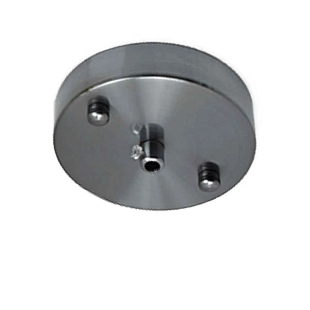 Round 100mm metal ceiling rose pendant light in satin nickel finish with cord grip and mounting hardware visible