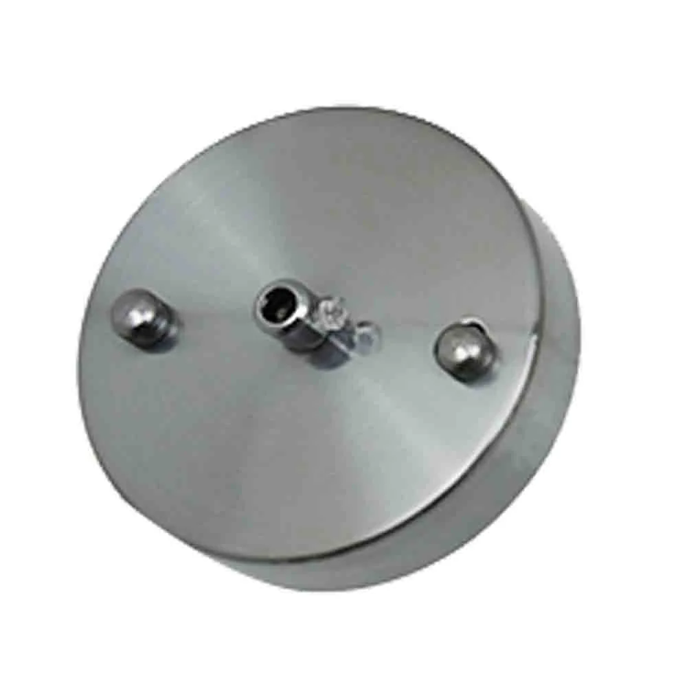 Round 100mm metal ceiling rose pendant light fitting in rose gold with cord grip and mounting hardware on white background