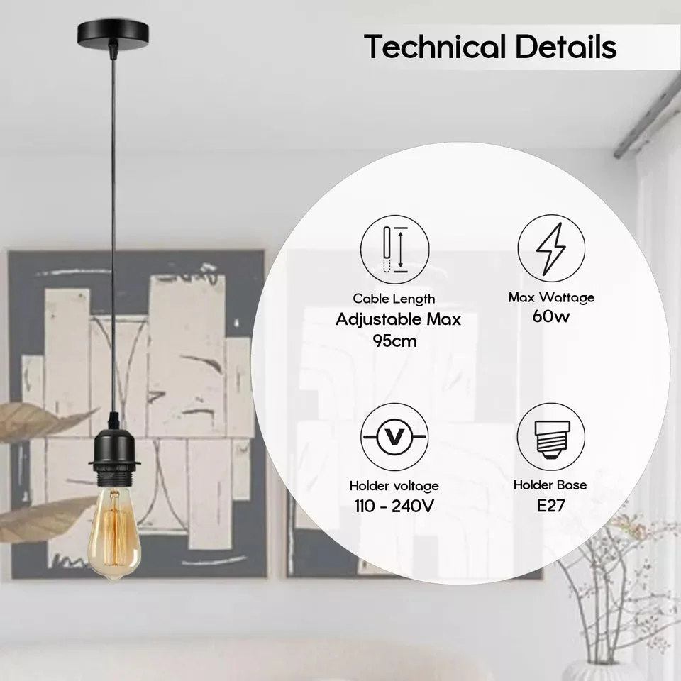 Modern industrial adjustable pendant light kit with 95cm black cable, E27 lamp holder, and ceiling rose on white background