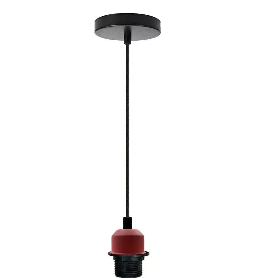 Modern industrial style light kit showing 95cm adjustable cable, E27 lamp holder, and matching ceiling rose on white background