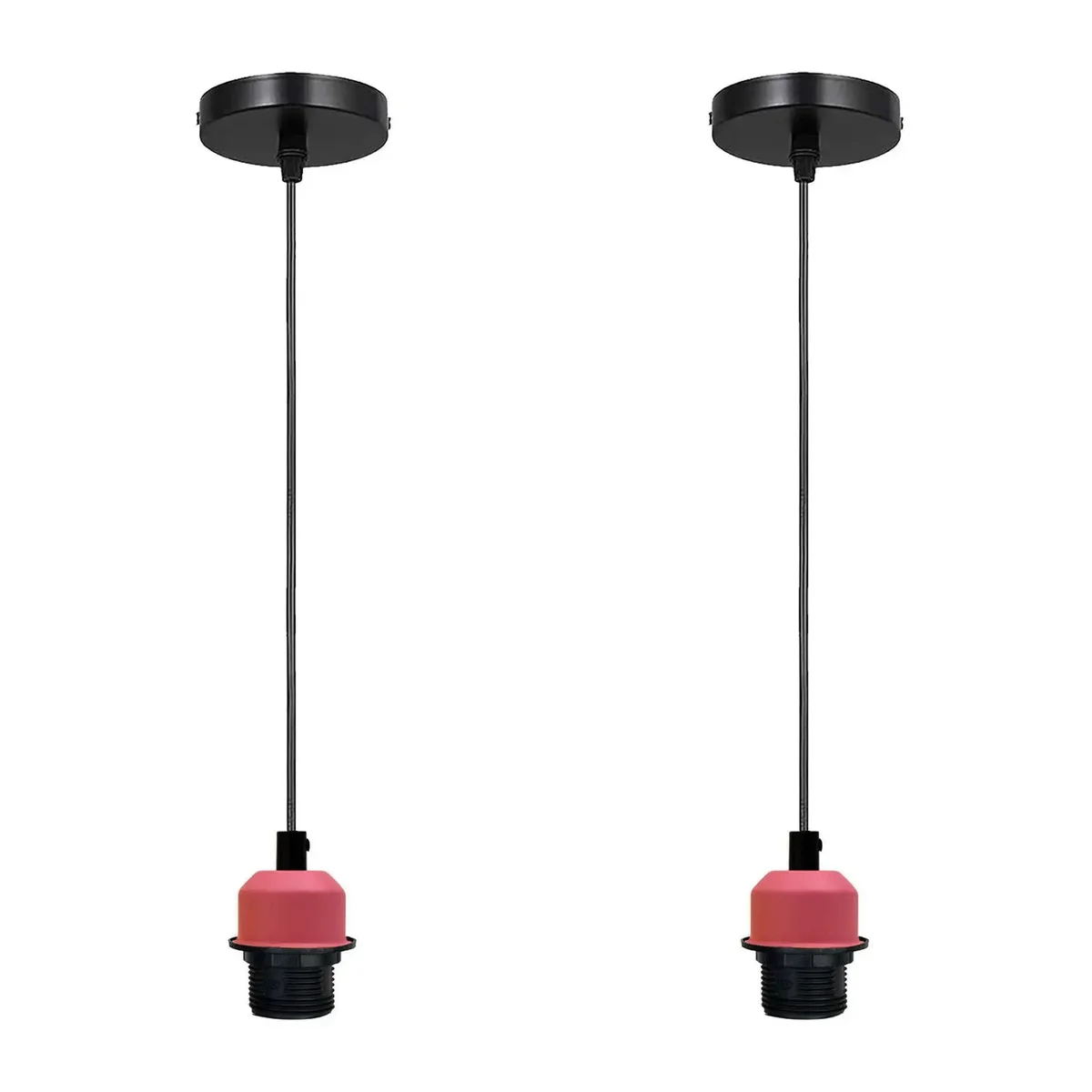 E27 pendant light kit with 95cm adjustable black cable, metal lamp holder, and matching ceiling rose on white background