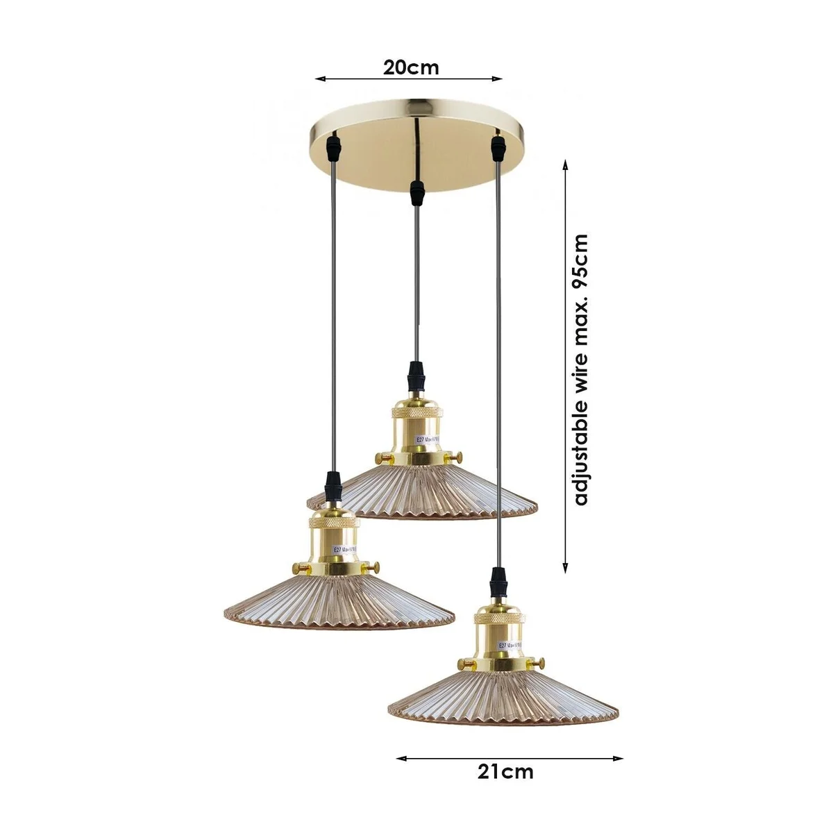 Vintage industrial pendant lamp with three amber glass shades and metal fixtures hanging from ceiling cable