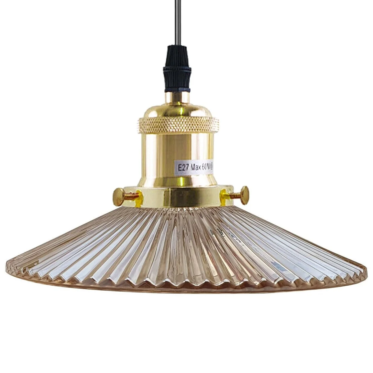 Amber glass retro pendant lighting with three metal shades hanging from ceiling, vintage industrial style, dimmable design