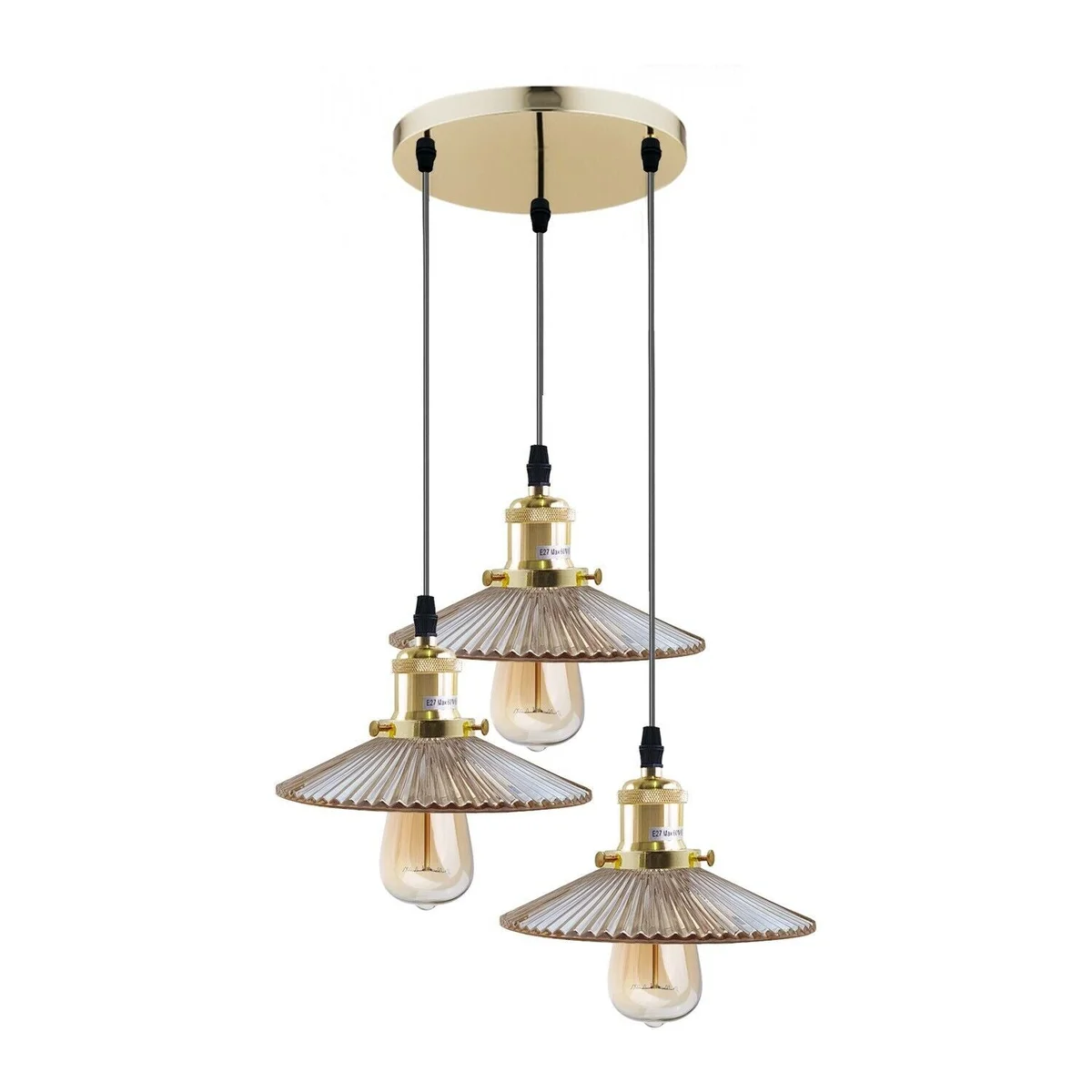 Vintage industrial amber glass dimmable ceiling light with three pendant shades and metal fixtures hanging indoors
