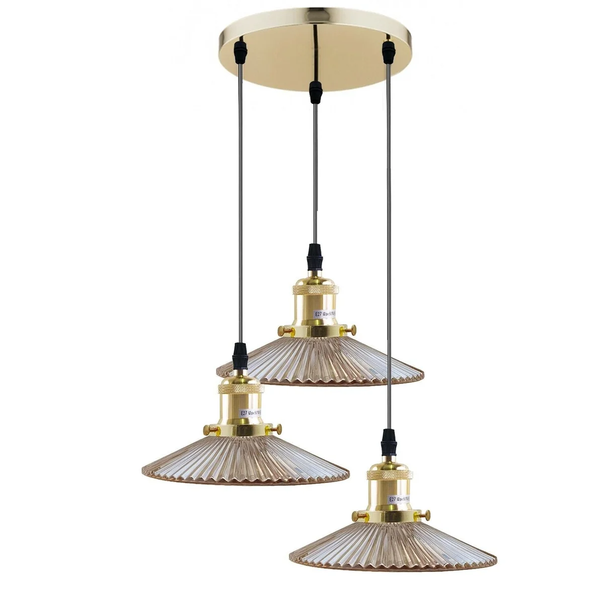 Vintage ceiling pendant light with three amber glass shades and sturdy metal fixtures, ideal for indoor ambient lighting