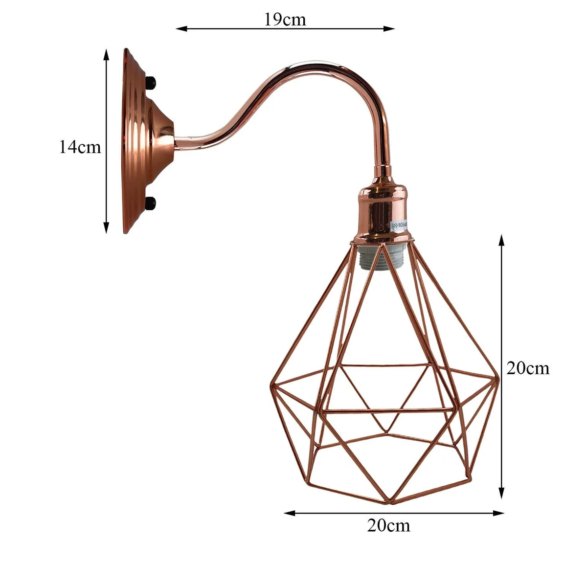 Rose gold metal wall light cage sconce with industrial design, mounted on a white wall without bulb installed