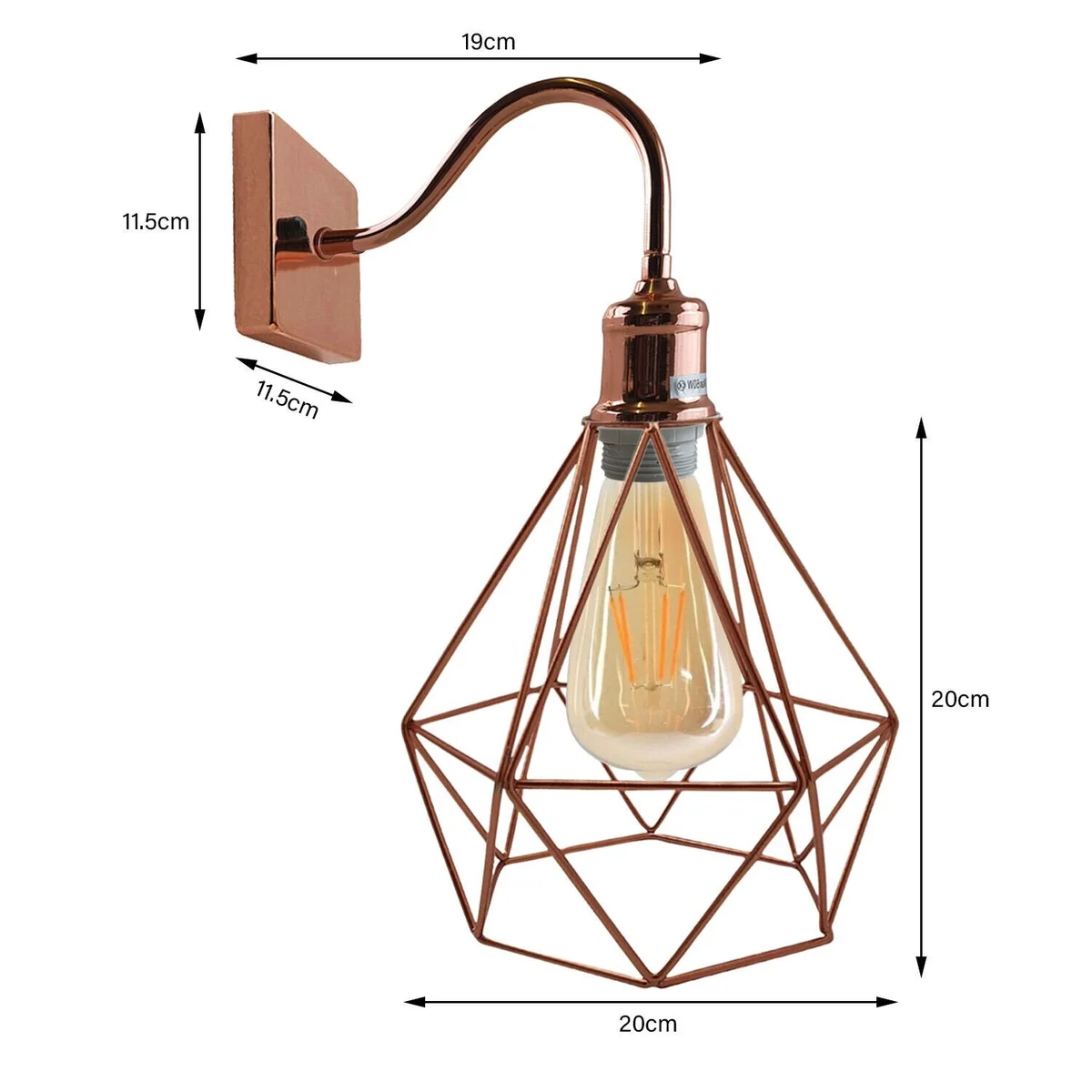 Rose gold modern vintage wall light with metal cage design mounted on a white wall, no bulb included.