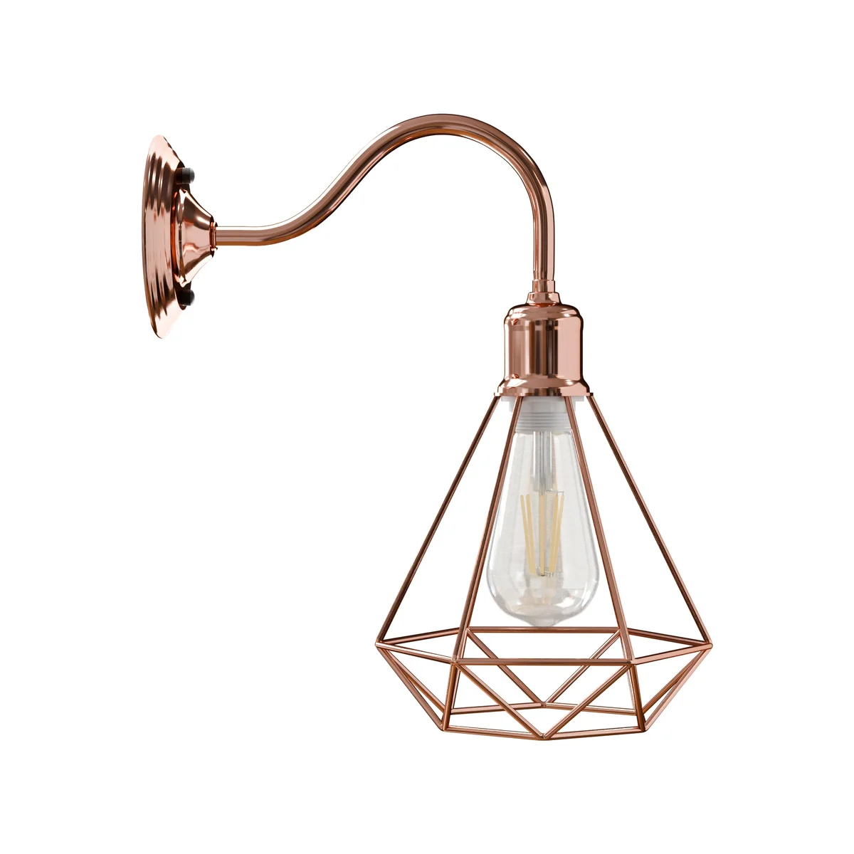 Rose gold modern vintage wall light with metal cage design mounted on a white wall, no bulb included.