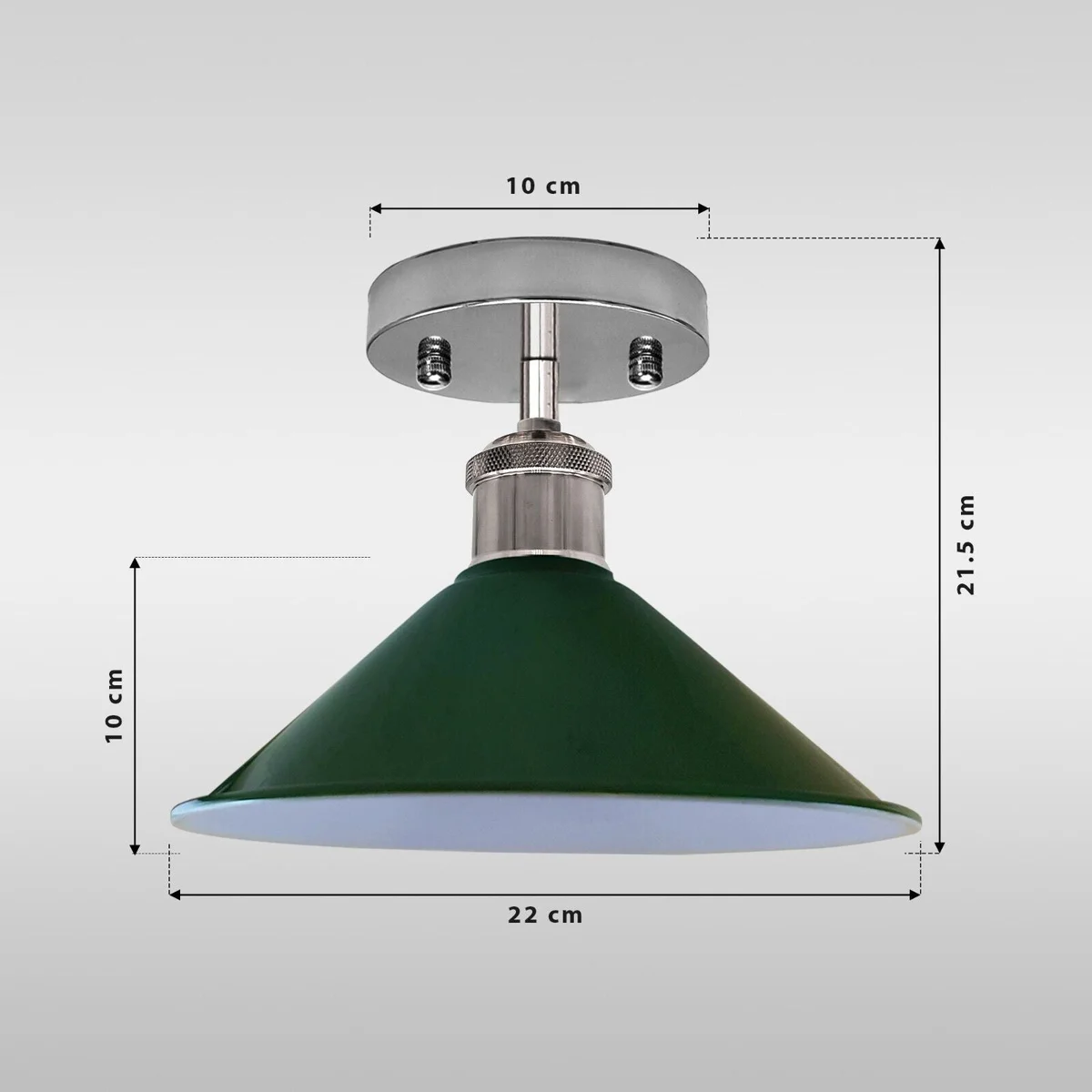 Vintage metal cone compact ceiling light in grey with chrome ceiling rose, ideal for low ceilings and small spaces