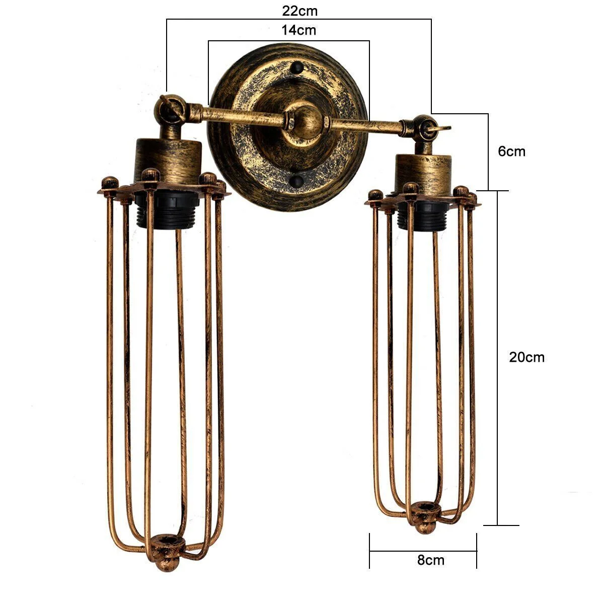 Adjustable wall sconce with iron cage, black finish, mounted on wall, vintage industrial style.