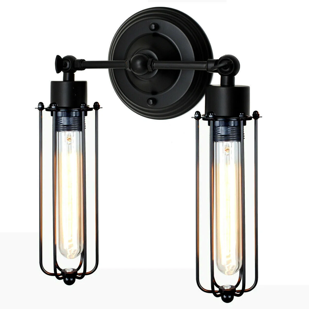 Vintage industrial wall light with metal cage and adjustable arm in black, showcased on a wall with LED socket.
