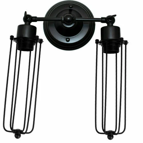 Vintage industrial wall light with black iron cage, adjustable arm, LED glow – stylish for kitchen or study.
