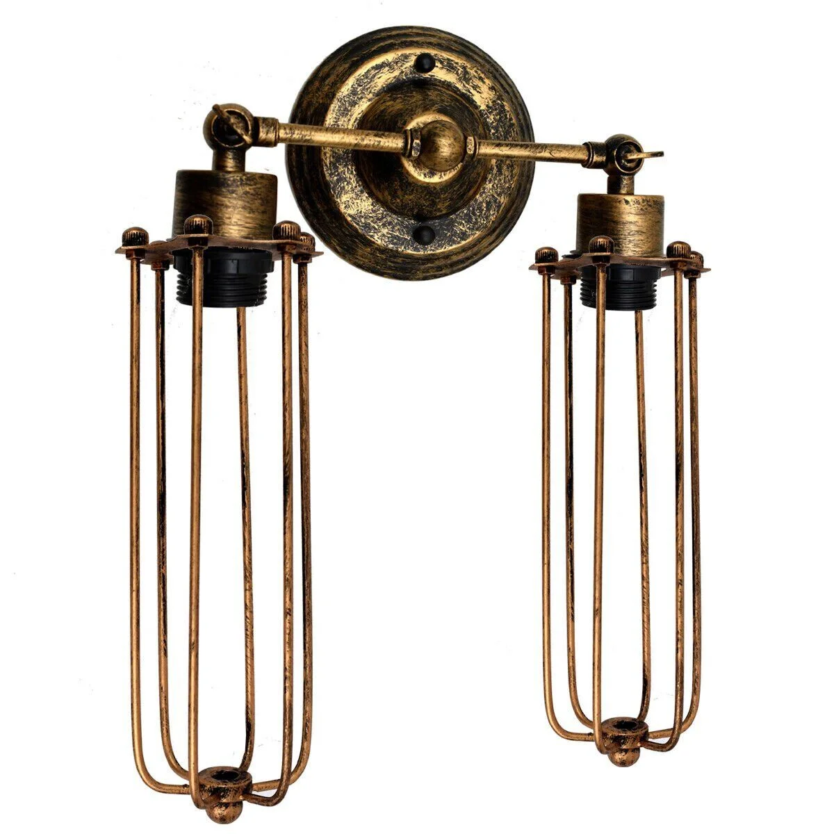 Vintage industrial wall light in black metal cage with adjustable arm.
