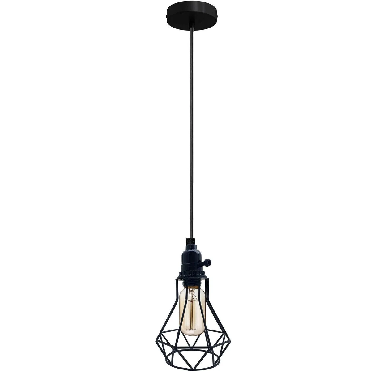 Black metal cage pendant light with geometric design and in-line switch, hanging from adjustable 95cm cable