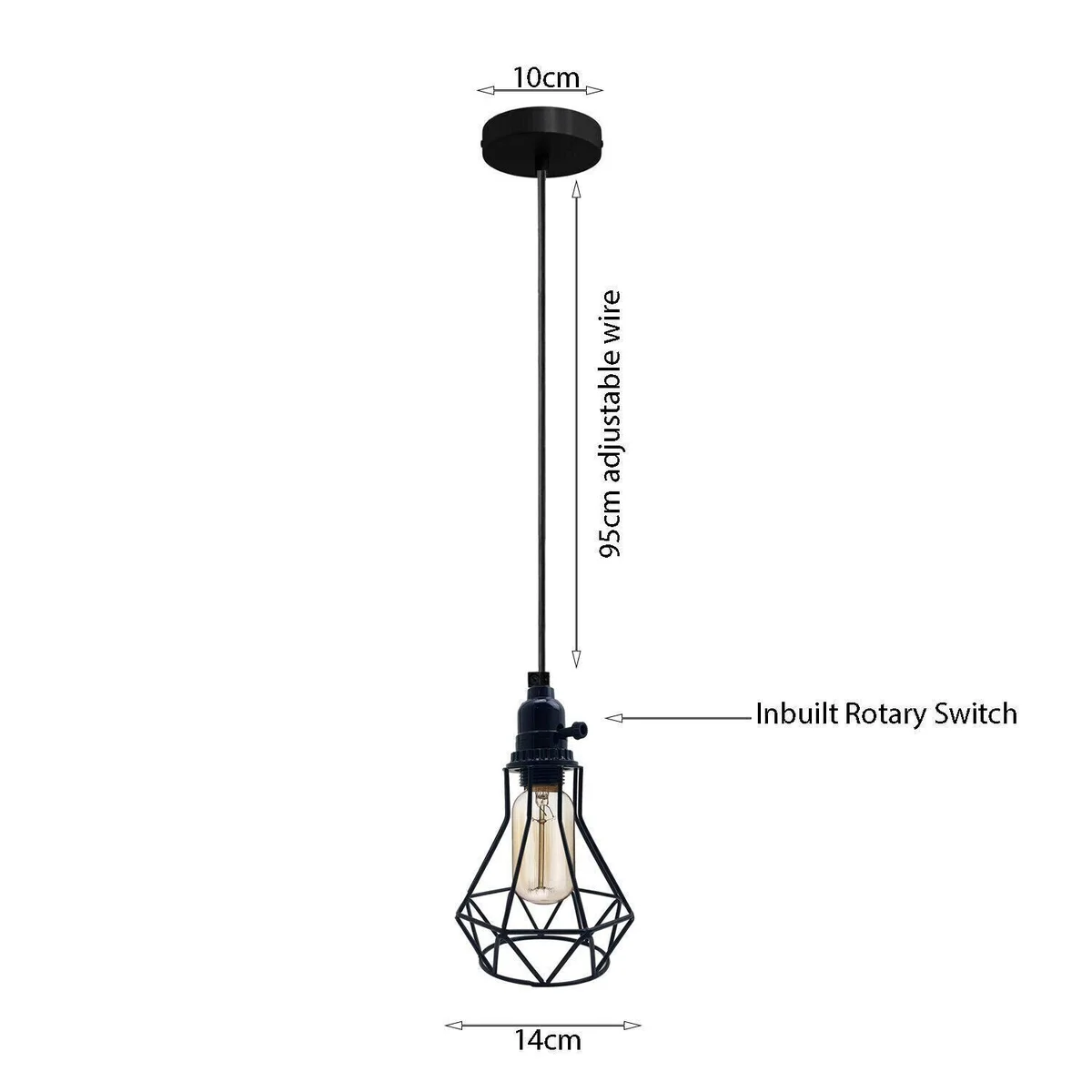 Black industrial adjustable pendant lamp with geometric metal cage and in-line on/off switch hanging over kitchen island