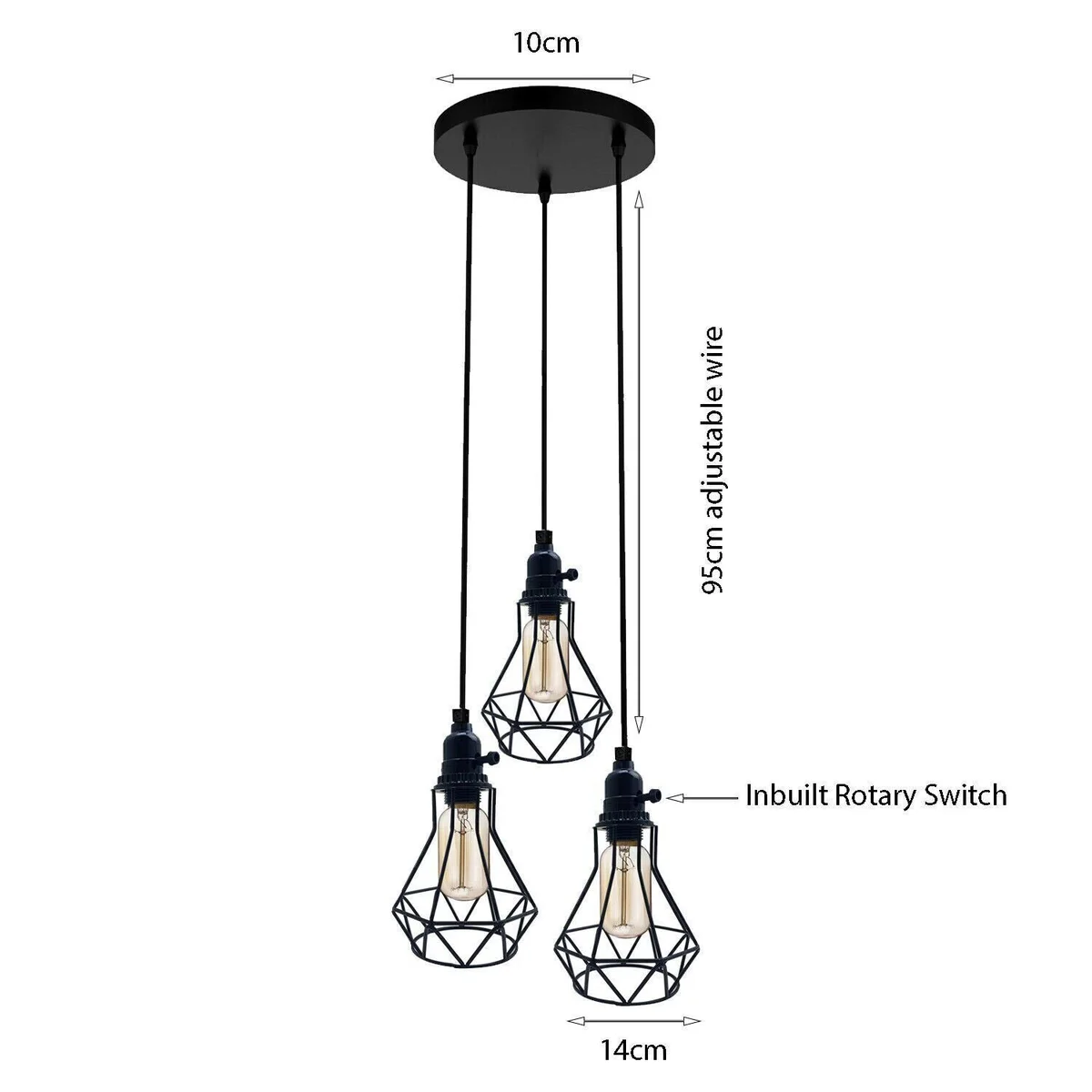 Black wire chandelier with geometric metal cage and in-line switch hanging over a kitchen island with adjustable cables