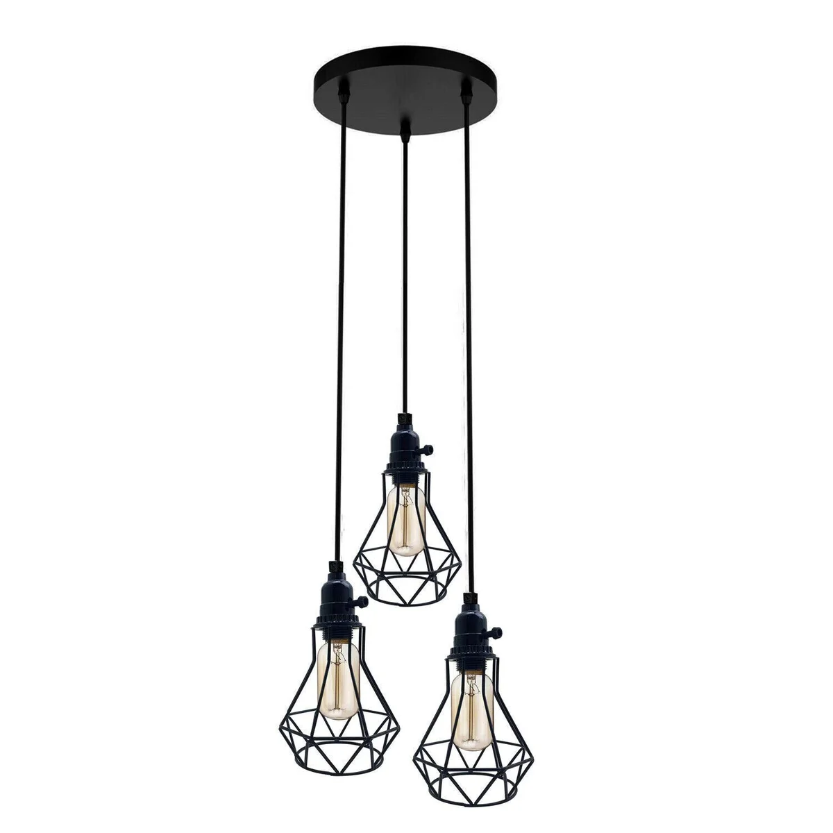 Black industrial kitchen island pendant light with geometric metal cage and in-line switch hanging over wooden table
