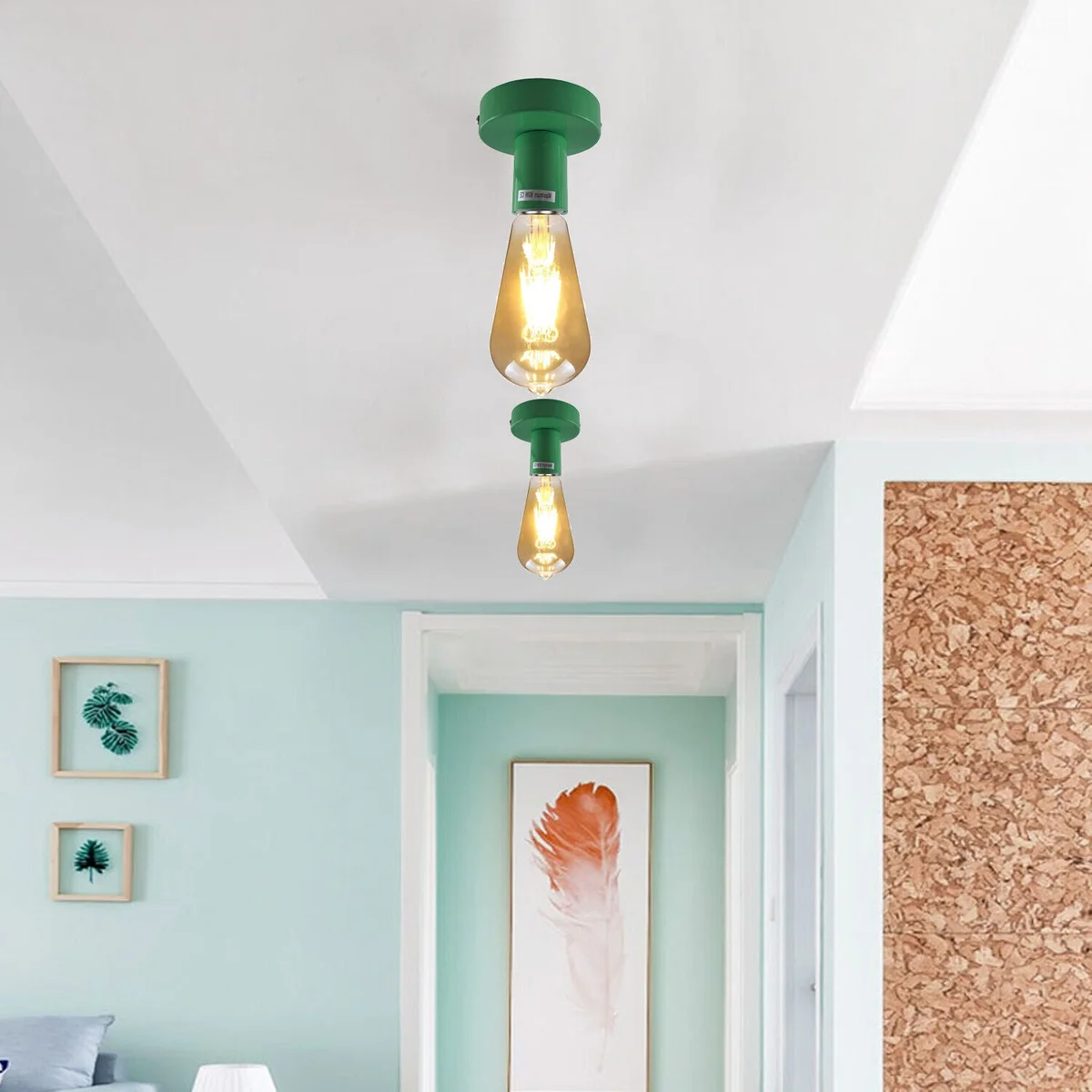 Vintage ceiling light flush mount fitting in metal with round ceiling rose and single E27 lamp holder, two-piece set shown