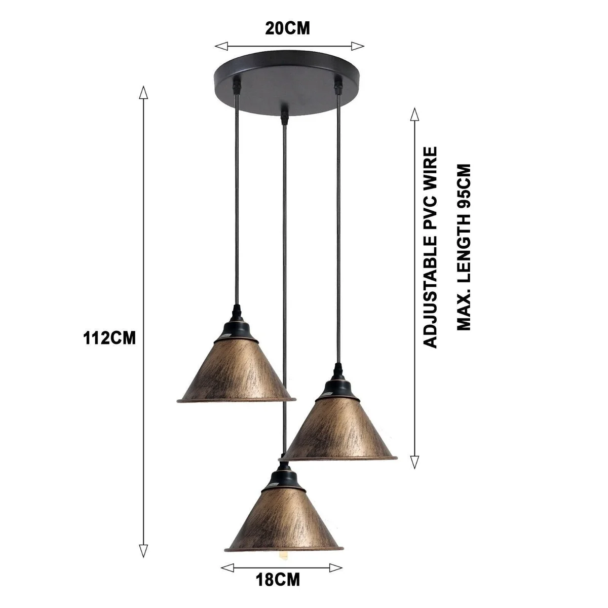 Three brushed copper metal pendant shades with black holders and cables hanging, retro ceiling light design